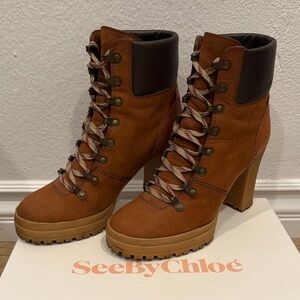 See by Chloe Brown Nubuck and Leather Heel Boots